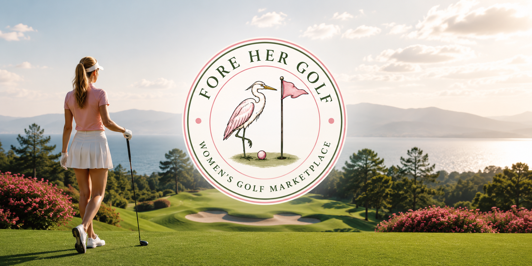 Woman golfer on a coastal course with the Fore Her Golf logo